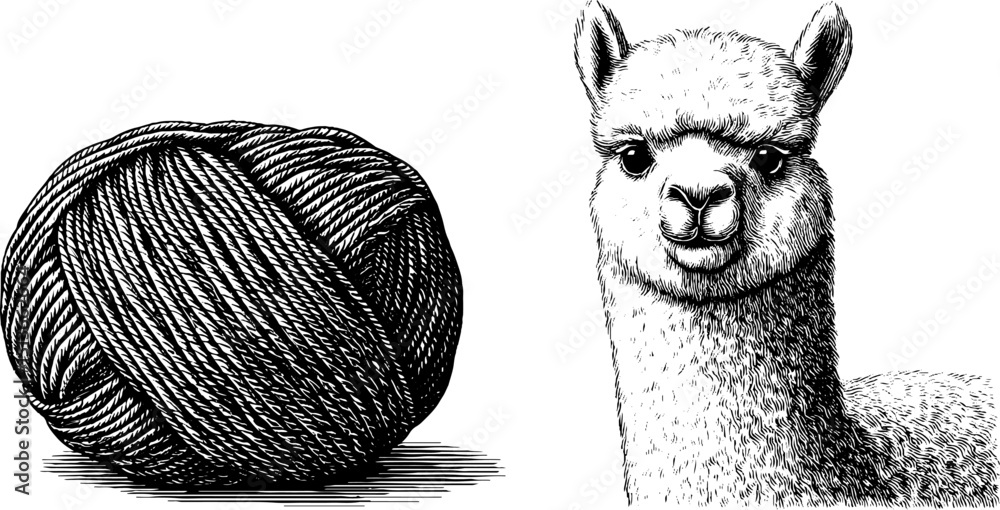 Naklejka premium Engraved illustration of yarn ball and alpaca for textile and craft design