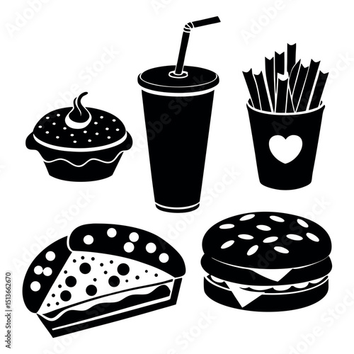 Fast Food Items Including Burger, Pizza, Fries, Drink and Cupcake