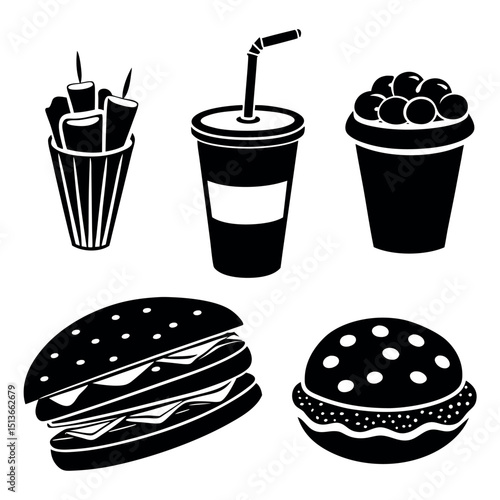 Monochrome Silhouette Icons of Classic Fast Food Items Including Burger Pizza and Drink