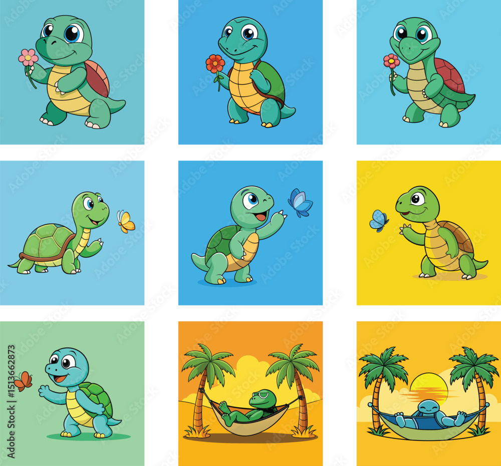 Fototapeta premium Cartoon Turtle Illustration Set With Flower Butterfly And Hammock Summer Vacation