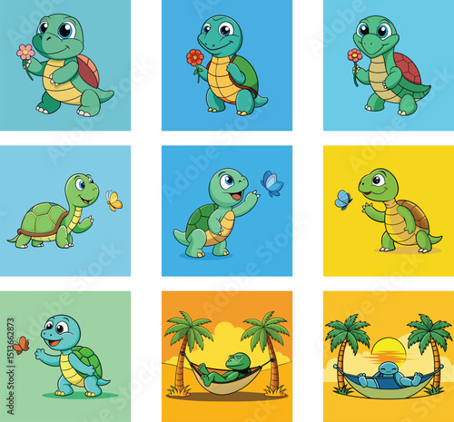 Cartoon Turtle Illustration Set With Flower Butterfly And Hammock Summer Vacation