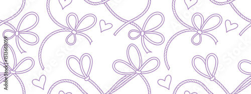 Seamless heart-shaped rope bow pattern in soft purple line art on white background. Decorative hearts and loops add charm and romance. Perfect for packaging, fabric, and stationery design.