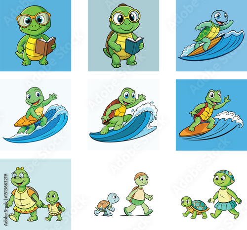 Cartoon Turtle Illustrations Depicting Reading,Surfing,And Family Scenes For Children