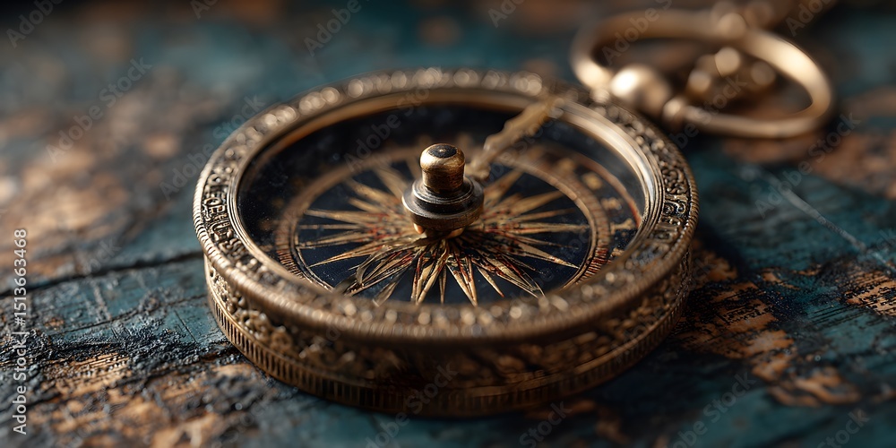 Fototapeta premium Ornate brass compass, intricate dial, centered on dark teal map. Soft light highlights brass texture. Sharp focus on compass rose. Vintage exploration, warm moody.