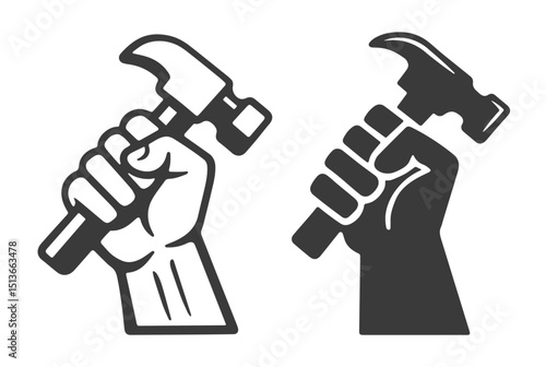 Hand holding hammer flat symbol icon. Fist and hammer handyman  tool logo sign. Vector illustration image. Isolated on white background.	