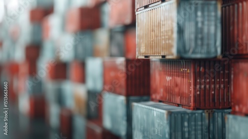 A large array of colorful shipping containers stacked neatly in a warehouse setting, representing global trade, logistics, and the interconnected world of commerce and transportation.