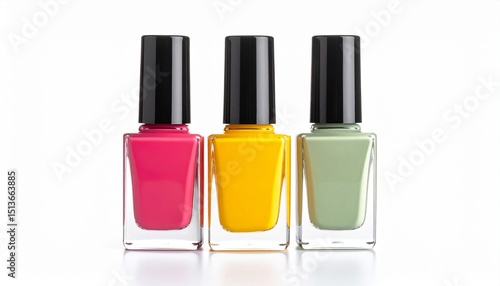 Set of three nail polish bottles in bold colors isolated on white background