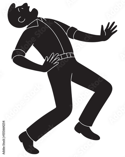 Silhouette of a man dramatically fainting backward with arms out and leg lifted, fainted man silhouette