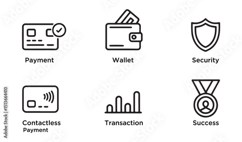 A collection of linear icons representing credit card concepts, including payment, wallet, security, contactless payment, transaction. Editable stroke. Medals, trophies and accolades celebrating suc