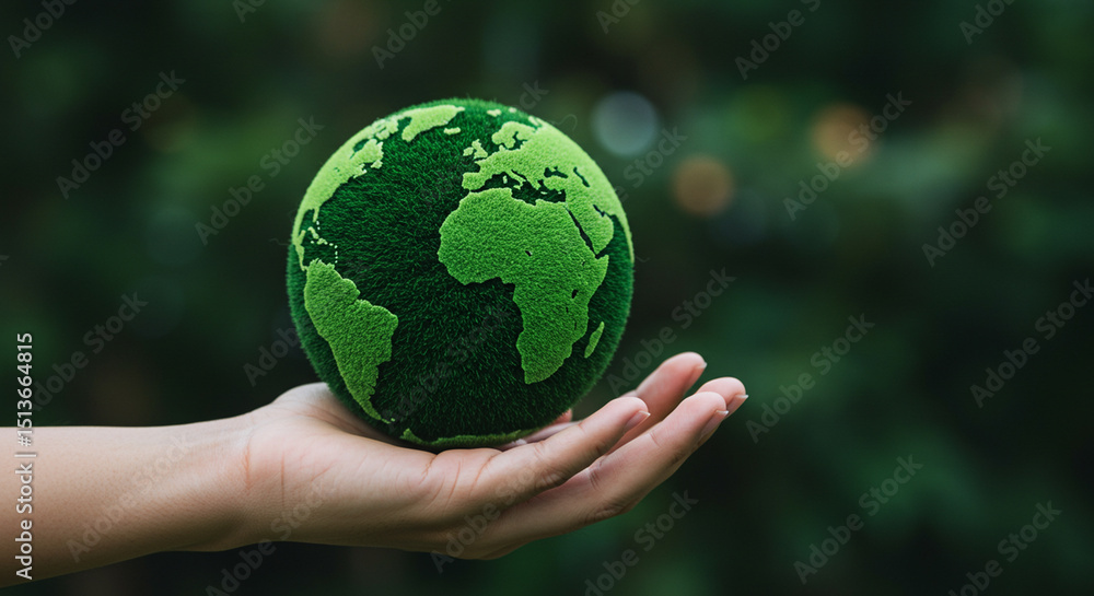 Eco-friendly concept with hand holding a green globe symbolizing earth conservation Eco-friendly concept with hand holding a green globe symbolizing earth conservation