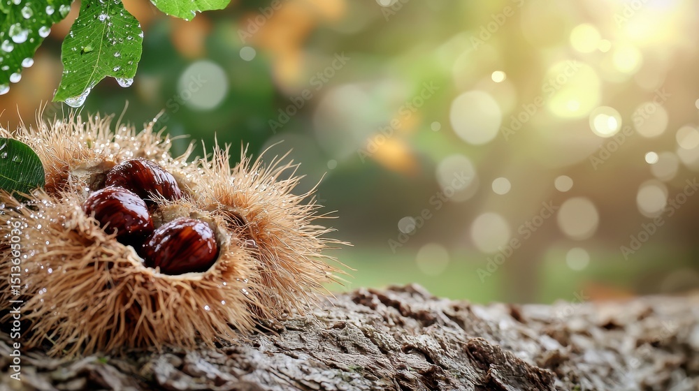 Obraz premium Chestnuts In Spiky Husk On Tree Bark With Dewdrops. Nature'S Autumn Bounty In Serene Forest Setting