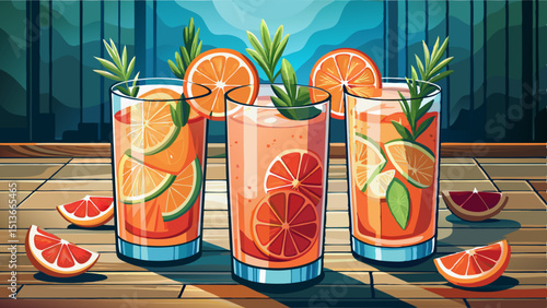 Three paloma cocktails garnished with grapefruit and rosemary placed on the bar counter.