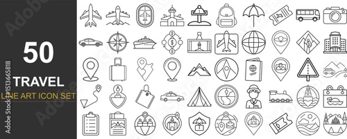50 Minimal Line Art Vector Icons Representing Travel and Navigation Essentials Including Airplanes, Luggage, Maps, GPS, Transportation, and Vacation Tools for Tourism and Holiday Projects