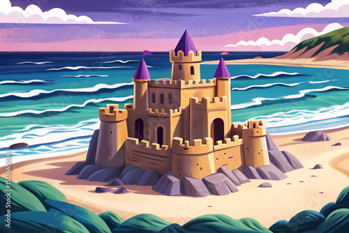 Vector of Lonely sand castle on sandy beach with beautiful sea ocean water and coast line clear summer sunny sky in background illustration