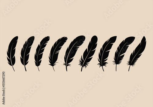 Vector illustration of black feather icons lined up in a row - feather, icon, black, vector, nature, bird, design, silhouette, minimal, graphic.