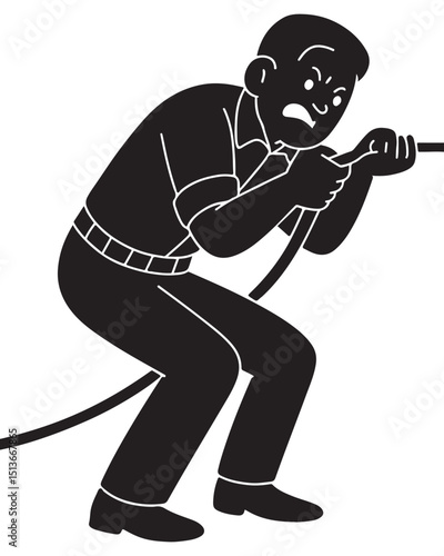 Silhouette of a man pulling an invisible rope with exaggerated resistance, hardworking man silhouette