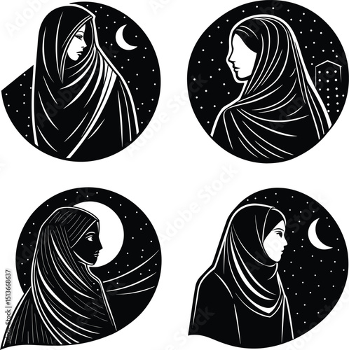 Set of four black and white hijab woman icons against night sky backgrounds