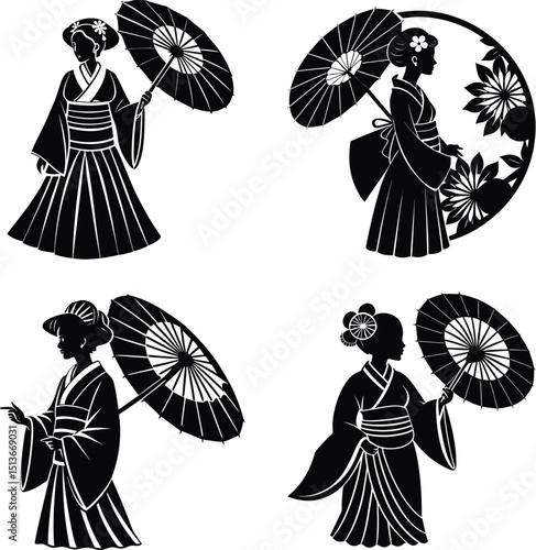 Elegant geisha silhouette collection in kimono with umbrellas japanese inspired designs