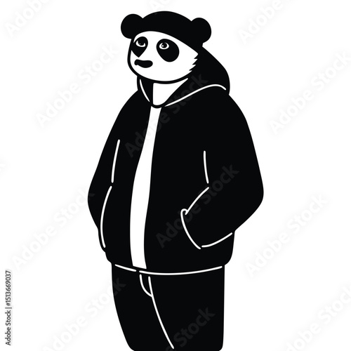 Panda with Hoodie and Cap – A street-style panda in an oversized hoodie and baseball cap, leaning against a wall.
