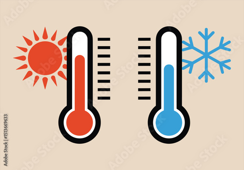 Vector illustration of hot and cold thermometers with sun and snowflake icons - thermometer, hot, cold, sun, snowflake, temperature, vector, weather, climate, icon.






