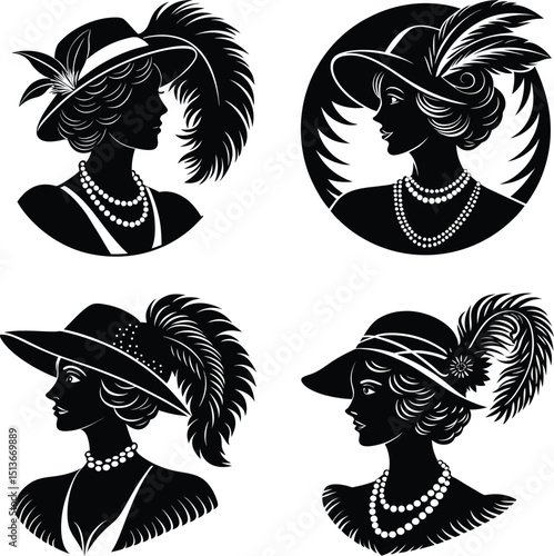 Retro ladies portrait silhouettes wearing feathered hats and pearl necklaces elegant style