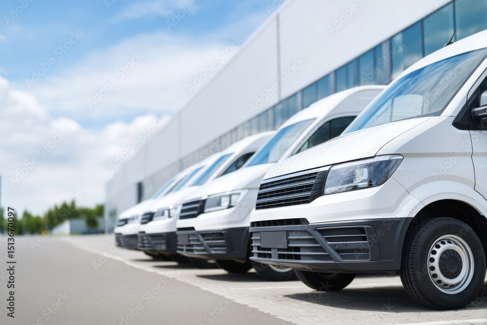 Naklejka premium Row of white commercial vans parked near warehouse, ready for delivery or service tasks.