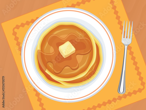 Pancakes with butter and syrup top view vector illustration. Pancakes on a plate on a wooden table above view vector. Sweet breakfast on the table drawing