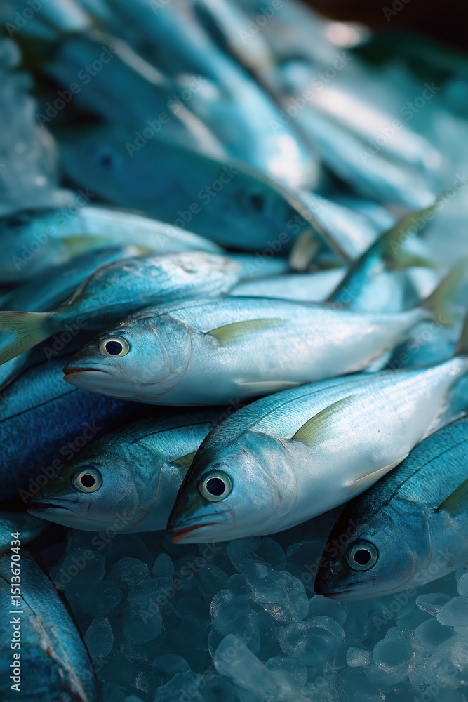 Fototapeta premium A bunch of fish are in a tank with ice. The fish are blue and are swimming around