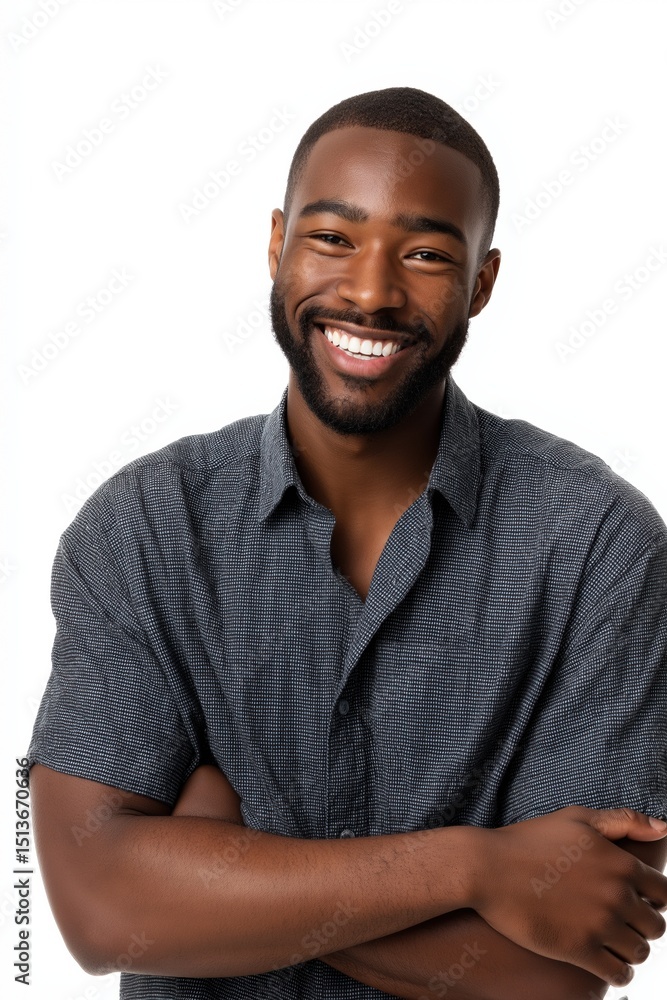 A man with a big smile on his face is wearing a blue shirt with a pattern. He is posing for a picture and he is happy A man with a big smile on his face is wearing a blue shirt with a pattern. He is posing for a picture and he is happy