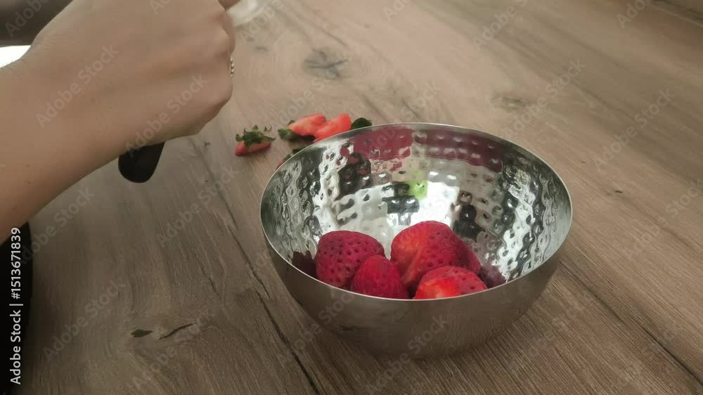 Manos de mujer cortando fresas saludables fruta roja dieta