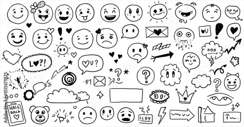 Sketched Emojis, Hearts, Stars, Crowns, and Design Accents, Perfect for Adding a Fun, Expressive Touch to Digital Content and Artistic Creations.