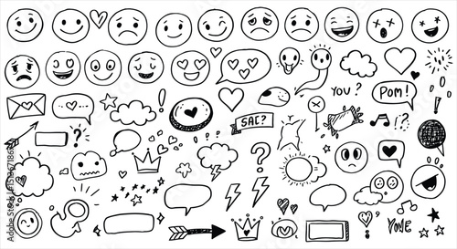 Comprehensive Vector Collection of Playful Hand-Sketched Emojis, Hearts, Stars, Crowns, and Design Accents, Perfect for Adding a Fun, Expressive Touch to Digital Content and Artistic Creations.