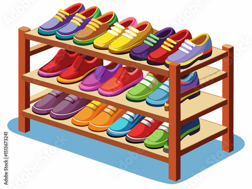 A vector of a wooden shoe rack with multiple pairs of colorful shoes neatly arranged, isolated on white