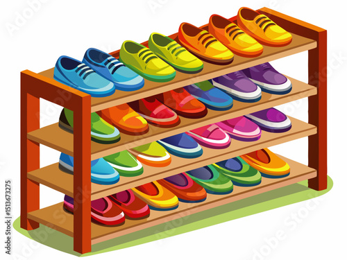 A vector of a wooden shoe rack with multiple pairs of colorful shoes neatly arranged, isolated on white