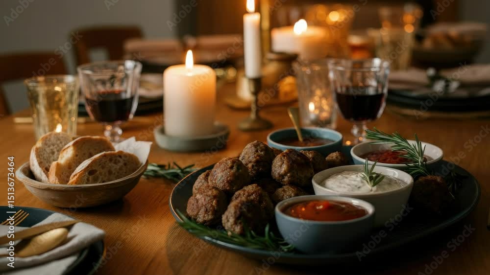 Cozy dinner setting with meatballs, sauces, bread, and candles Cozy dinner setting with meatballs, sauces, bread, and candles