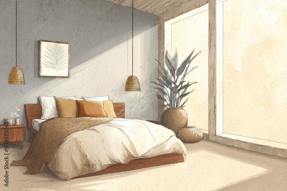 Fototapeta premium Modern Bedroom Design Featuring Natural Textures and Soft Lighting in a Tranquil Environment With a Focus on Comfort and Serenity