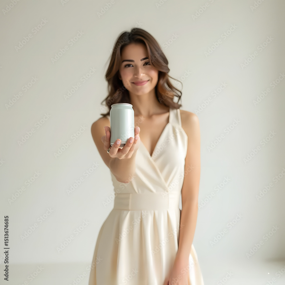 Woman Holding Product: A smiling woman in a beige dress presents a sleek, cylindrical container, radiating confidence and showcasing a product with a clean, minimalist aesthetic. Woman Holding Product: A smiling woman in a beige dress presents a sleek, cylindrical container, radiating confidence and showcasing a product with a clean, minimalist aesthetic.