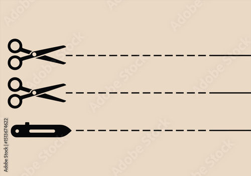 Vector illustration of scissors and utility knife with dashed cut lines - scissors, utility knife, cut lines, vector, tool, dashed, craft, design, minimal, black.