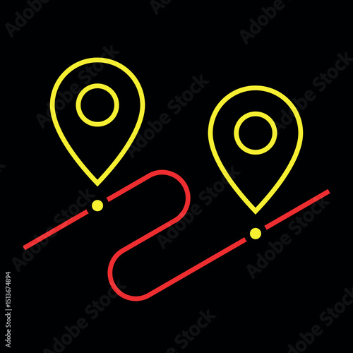 Route icon. A destination on a map. A symbol of distance, travel, or trip. A placemark, pointer, or marker on a geolocation map. A designation of an address or GPS location.