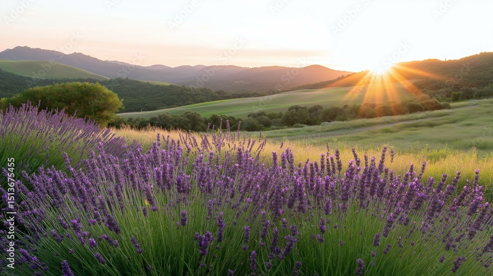 Fototapeta premium Beautiful landscape of a lavender field at sunset. the field is filled with tall, purple flowers that are swaying in the breeze.