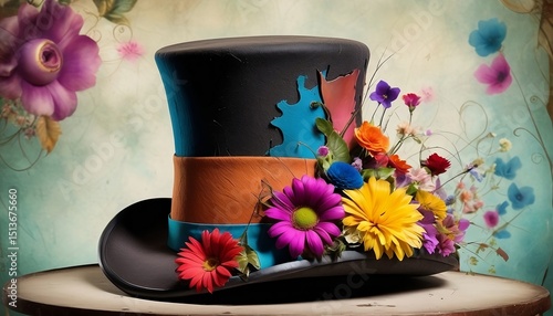 a cracked colourful vintage top hat amidst whimsical flowers. Mad hatter vibe background created with generative ai