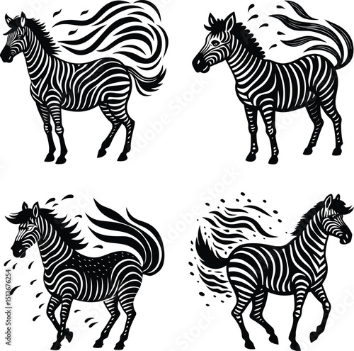 Zebra silhouette set black and white stylized illustrations of different zebra poses