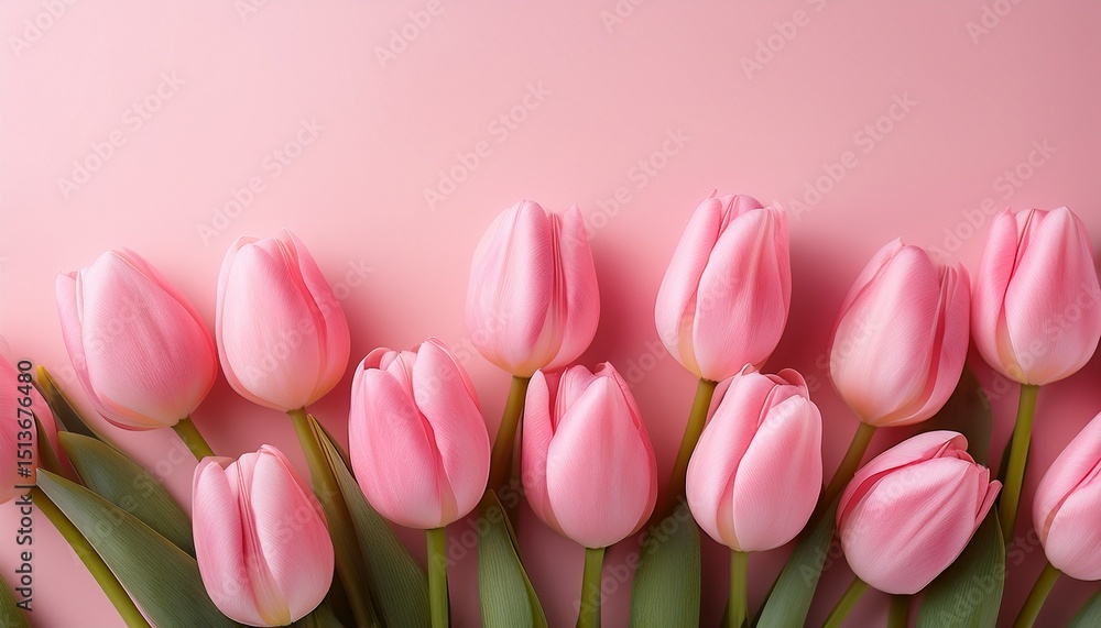 Fototapeta premium spring pink tulips on light pink background