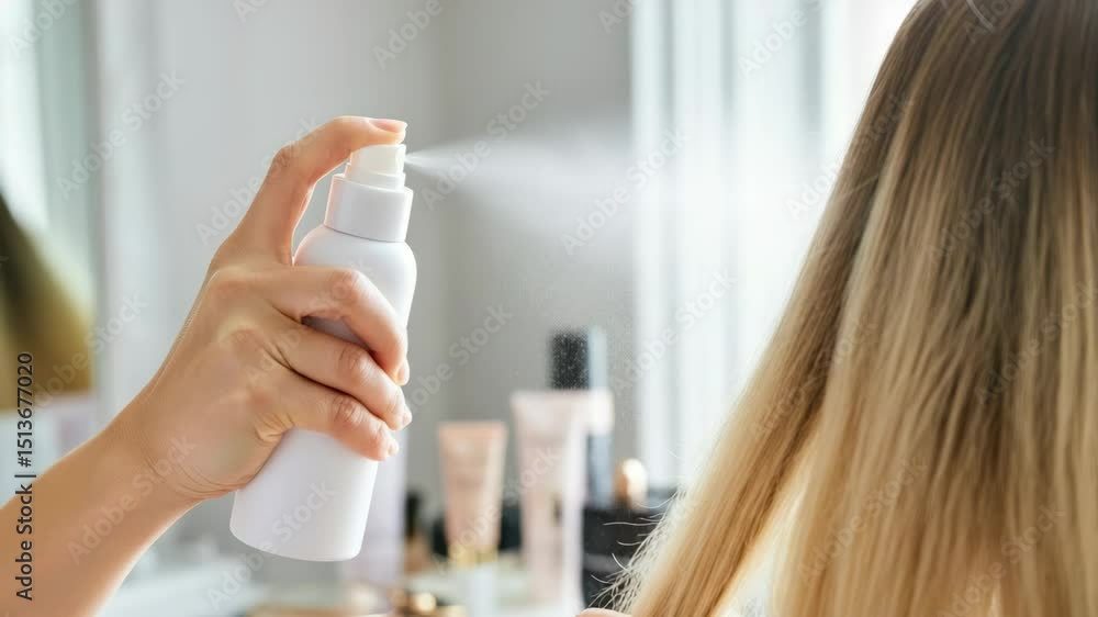 Woman spraying hair with mist in beauty routine Woman spraying hair with mist in beauty routine