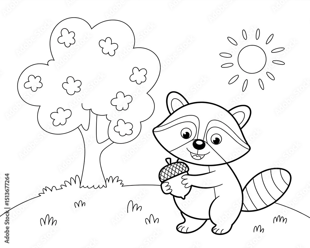 Fototapeta premium Adorable raccoon holding acorn next to a tree under the sun ready for childrens coloring page activity