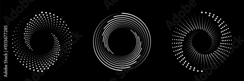 Set of speed lines in circle form. Halftone dotted speed lines. Abstract geometric circles with rotating radial lines who consisting of two sections. Vector