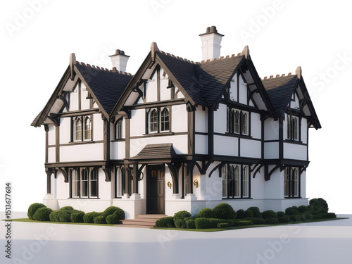 Wallpaper Mural Elegant Tudor Home: A stunning Tudor-style house with a classic black and white timber-frame facade, isolated on transparent background, cut out, png Torontodigital.ca