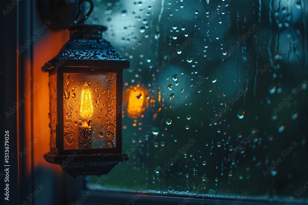 Illuminated lantern casting a warm glow against a rain-streaked window pane Illuminated lantern casting a warm glow against a rain-streaked window pane