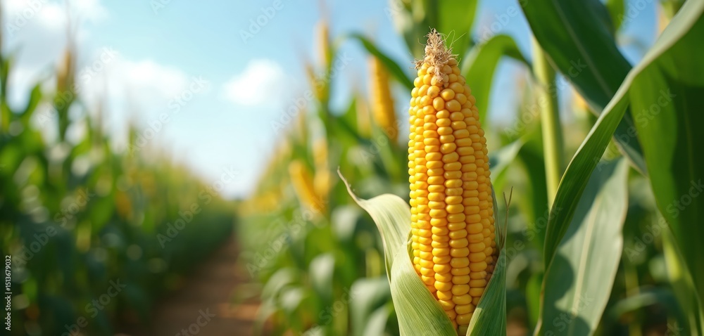 Close-up view of ripe golden corn cob in agriculture field. Golden maize ready for harvest. Fresh sweetcorn vegetable, healthy natural food. Farming, gardening, eco production. Tasty, organic. Close-up view of ripe golden corn cob in agriculture field. Golden maize ready for harvest. Fresh sweetcorn vegetable, healthy natural food. Farming, gardening, eco production. Tasty, organic.