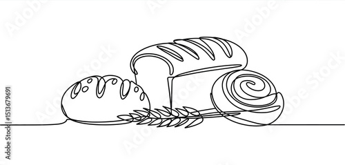 Single Line Drawing of Bread Loaf Roll and Wheat